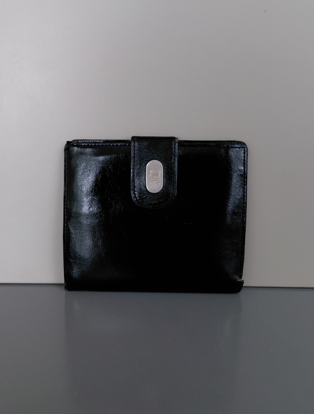 Celine Black Leather Snap Wallet With Silver-Tone Logo